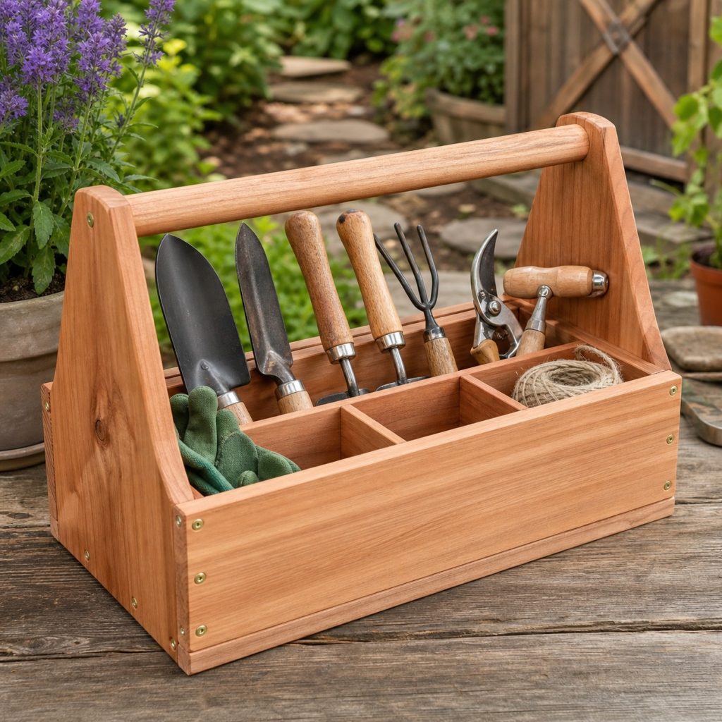 Divided wooden garden caddy with compartments and blades stored down