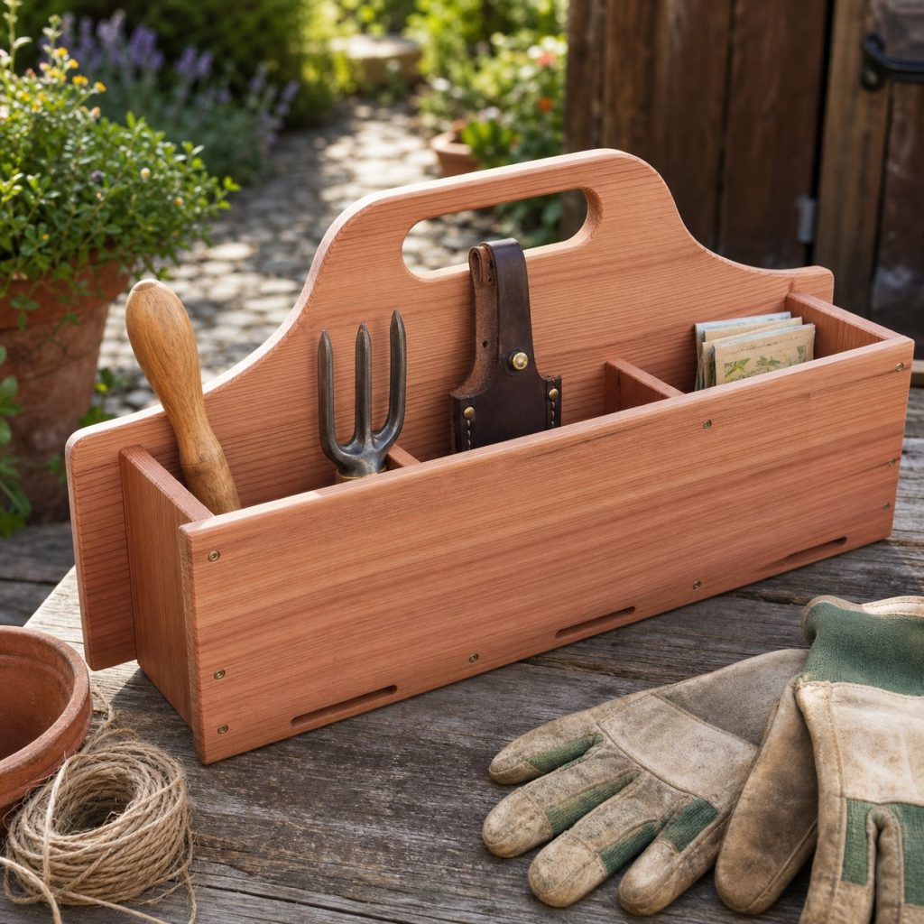 Long narrow cedar garden tote for hand fork dibber and sheathed saw