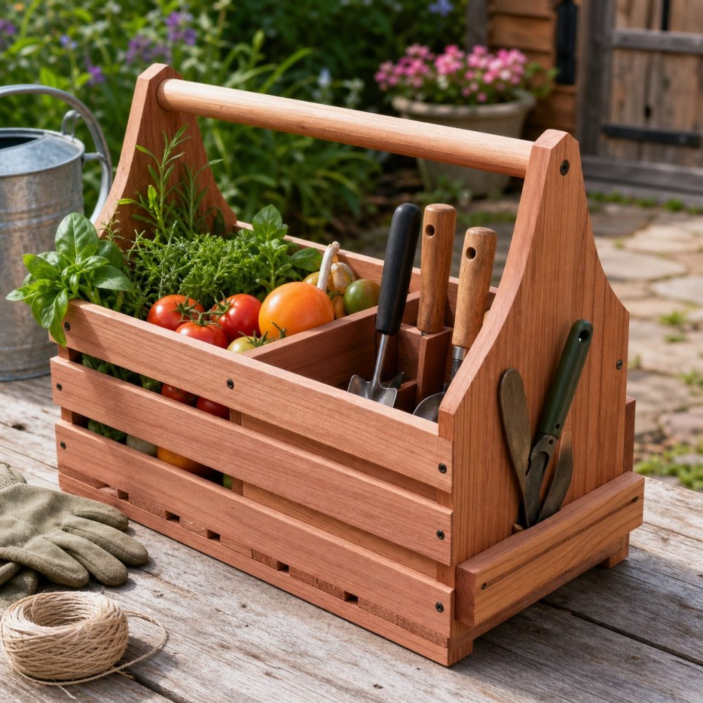 Wooden garden caddy with tools separated from vegetables and herbs