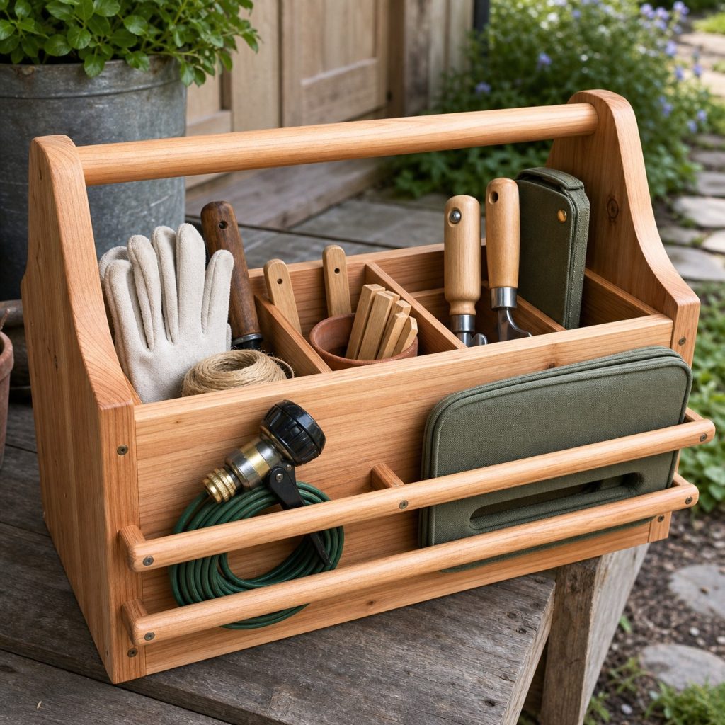 Garden caddy with removable dividers outside rails and organized tools
