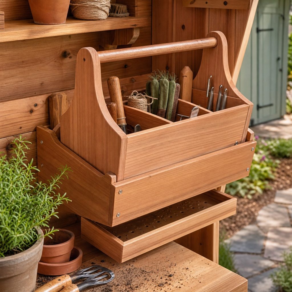 Cedar garden tool caddy parked in a matching wall dock at potting bench