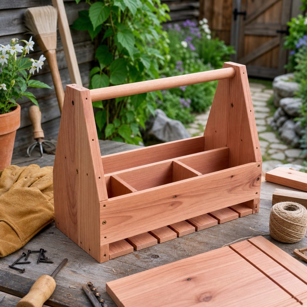 Garden tool caddy parts under assembly with slatted floor and handle dowel