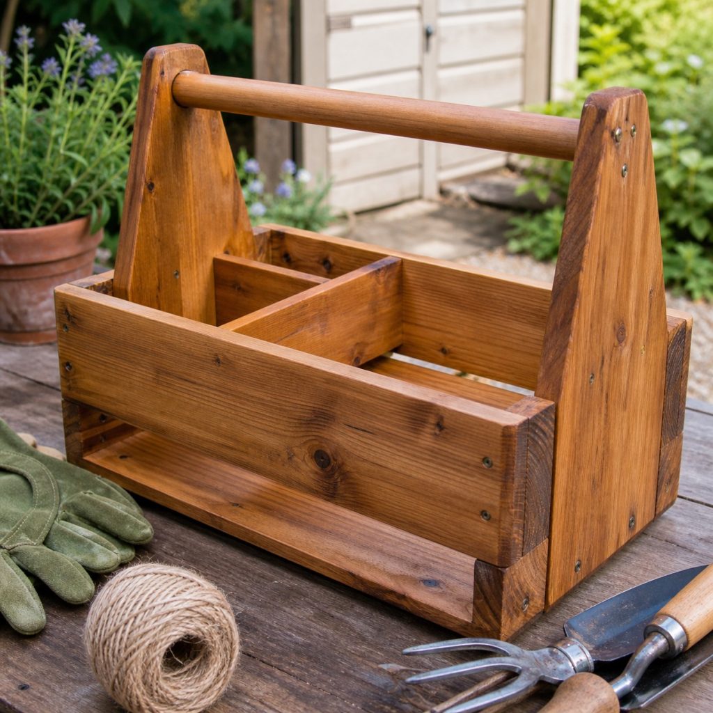Empty cedar garden caddy drying with sound handle and open floor slats