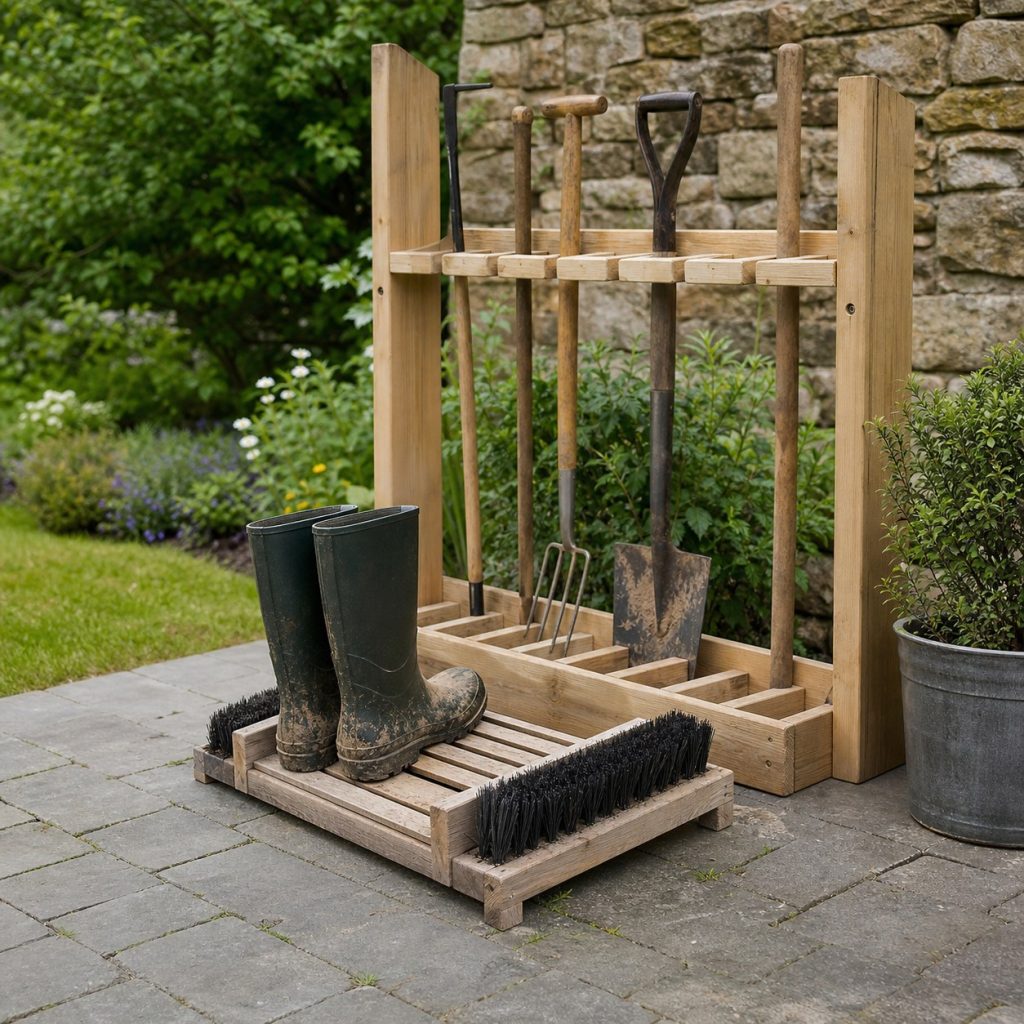 Combined garden boot scraper and long-tool cleaning rack on stable pavers