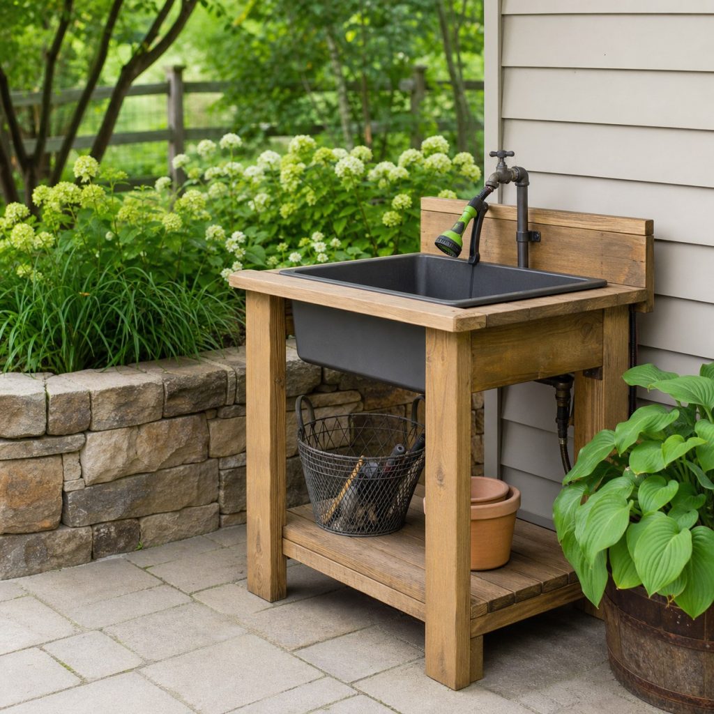 Outdoor garden tool rinse basin with hose nozzle and sediment basket