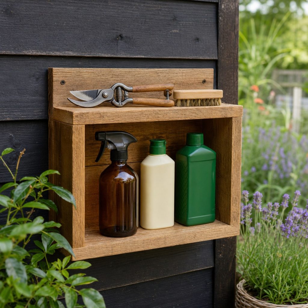 Small garden shelf holding cleaned pruners, brush, and labeled closed products