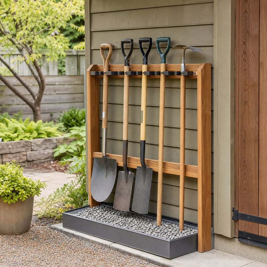 Vertical rack holding shovels and hoes above a drained cleaning tray