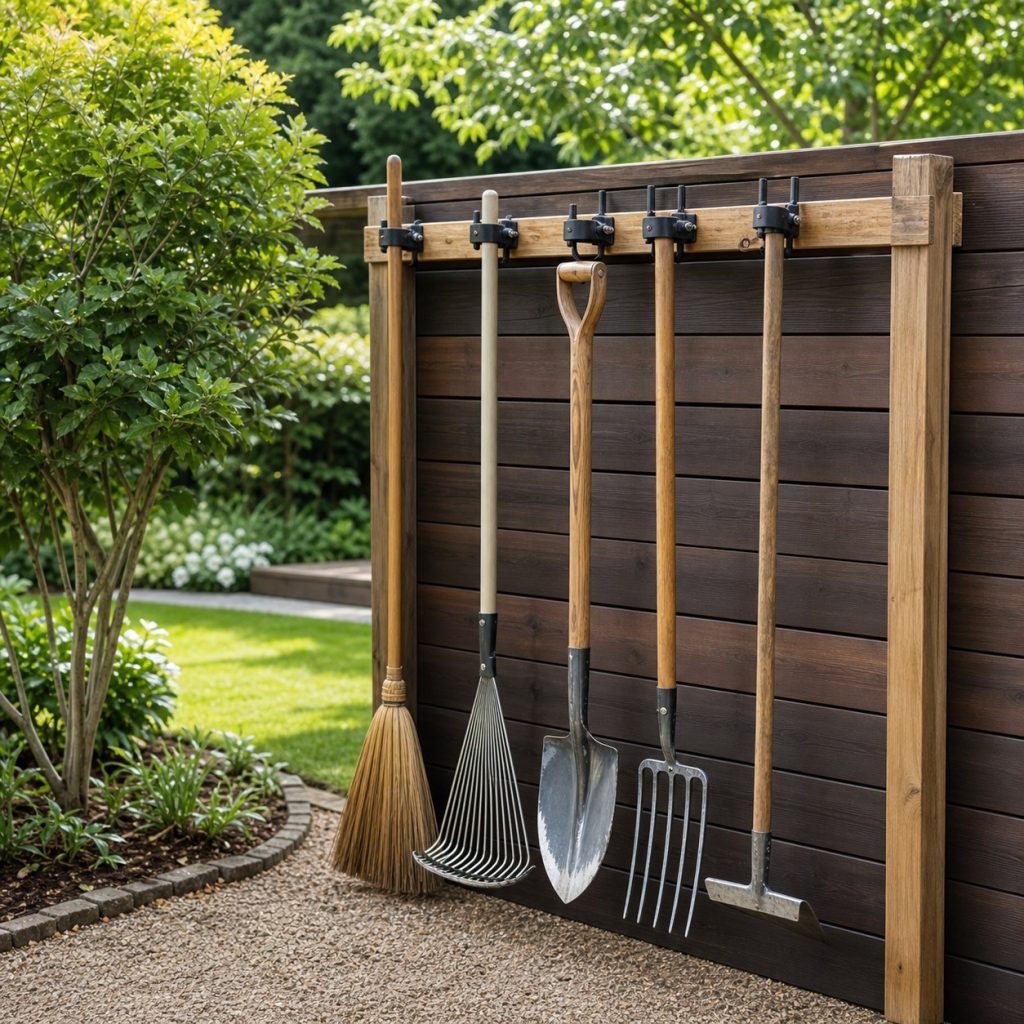 Clean garden tools drying separately on an open-air rail