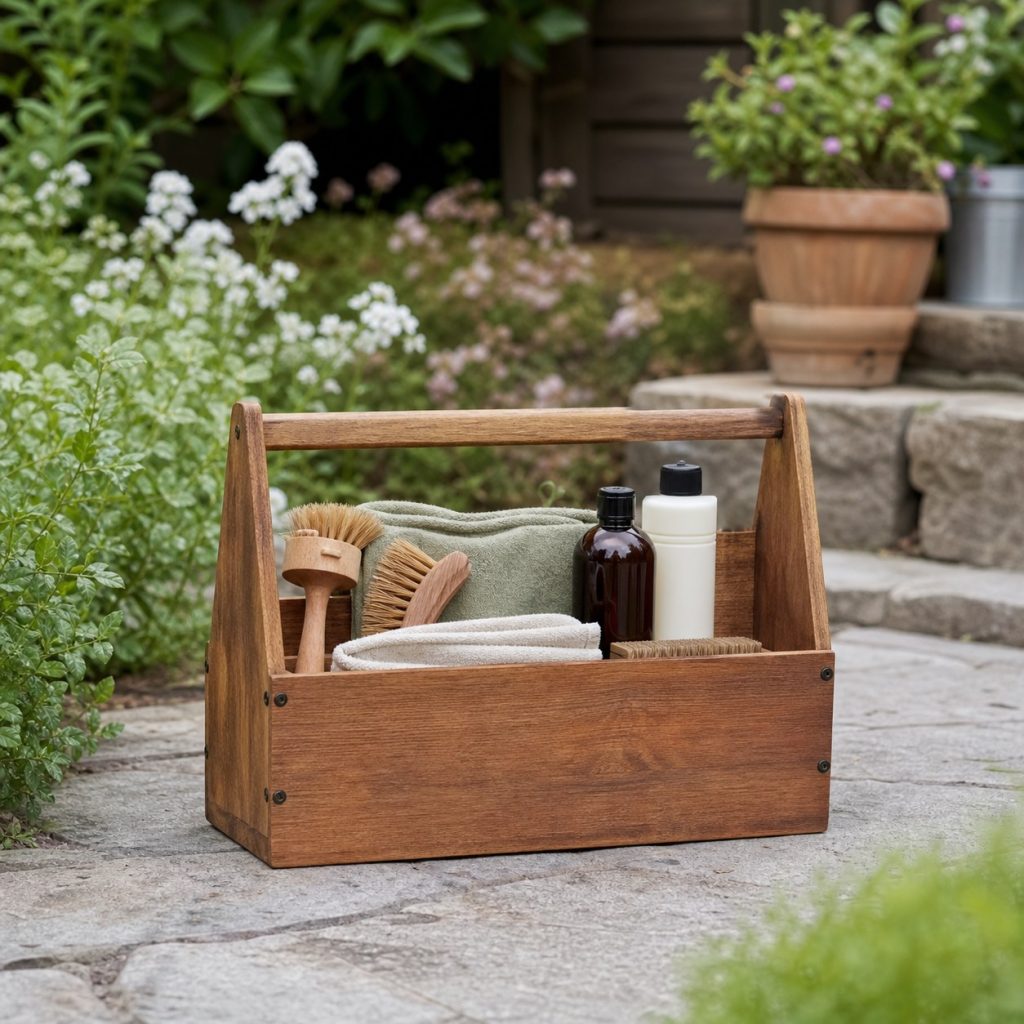 Portable garden tool cleaning caddy with brushes, cloths, and closed bottles