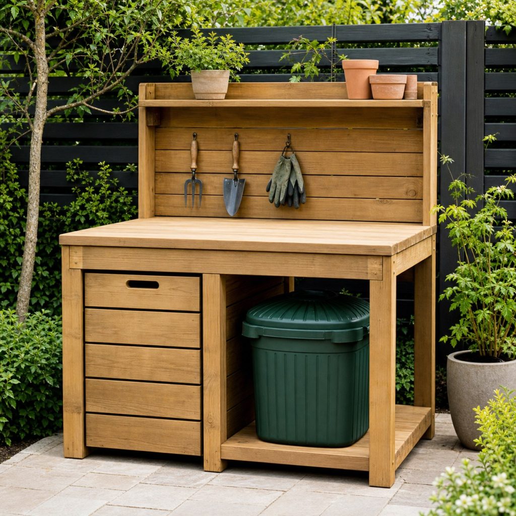 Garden cleaning station with lidded soil bin, gloves, and clear empty worktop