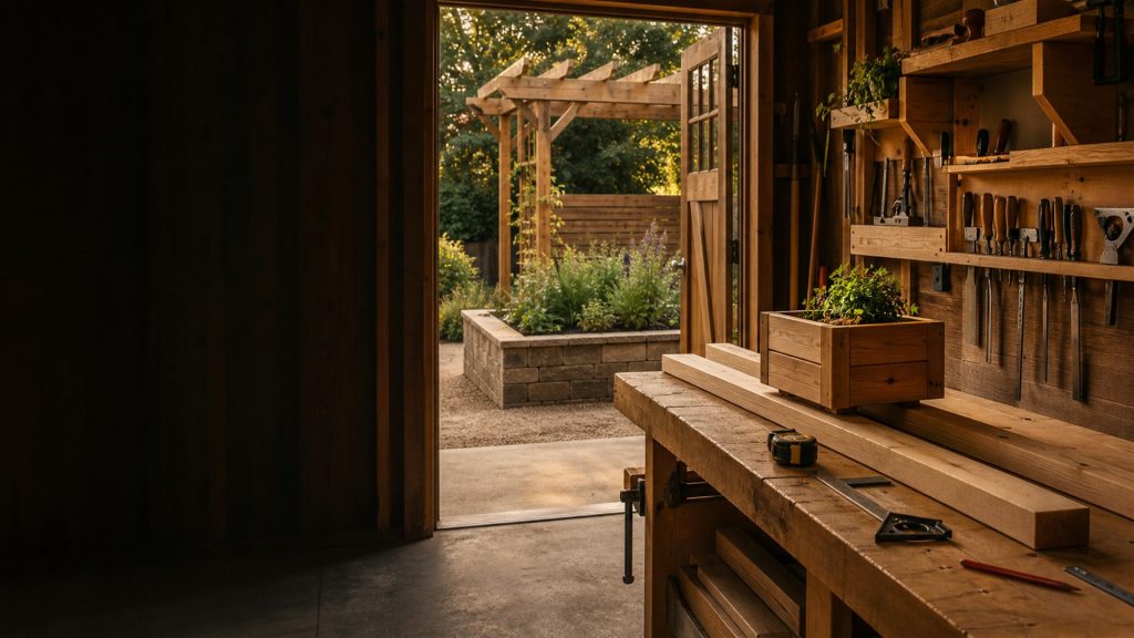 Organized woodworking shop opening onto a garden pergola and raised planter