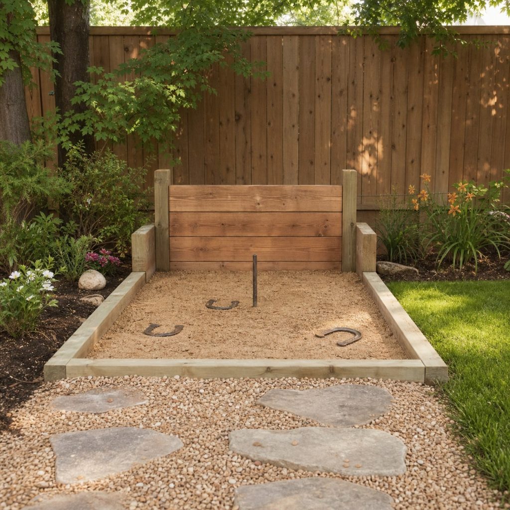 Single backyard horseshoe practice pit with backstop and clear approach