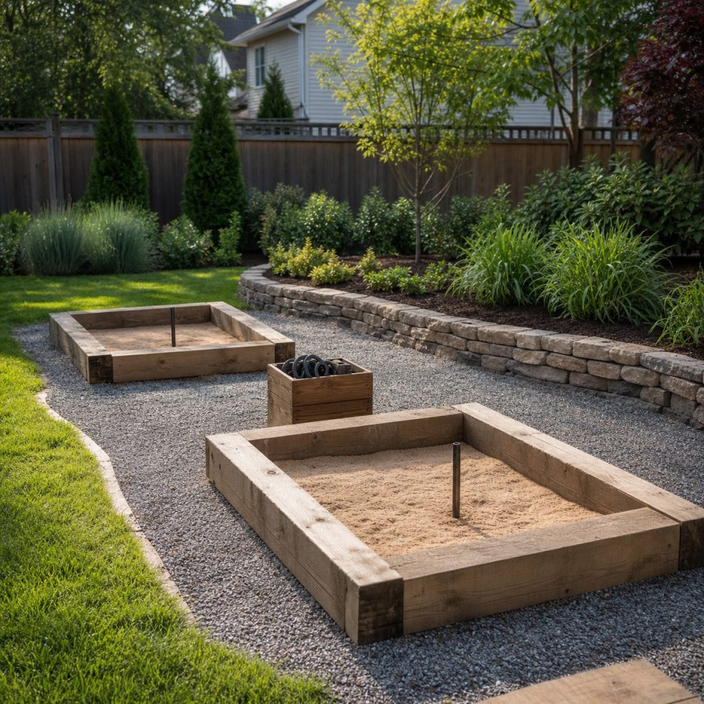Two timber-framed horseshoe pits filled with level sand
