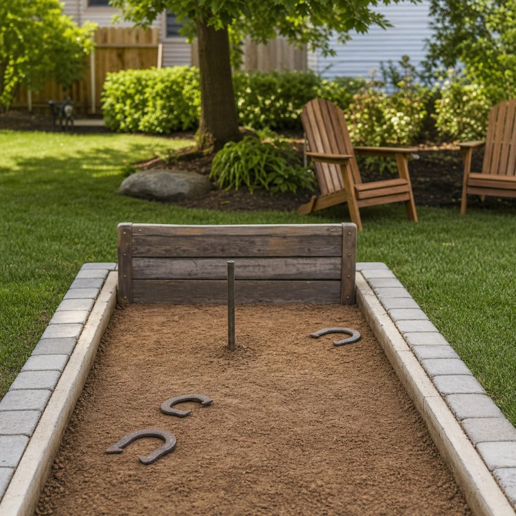 Maintained horseshoe pit with moist clay around centered stake