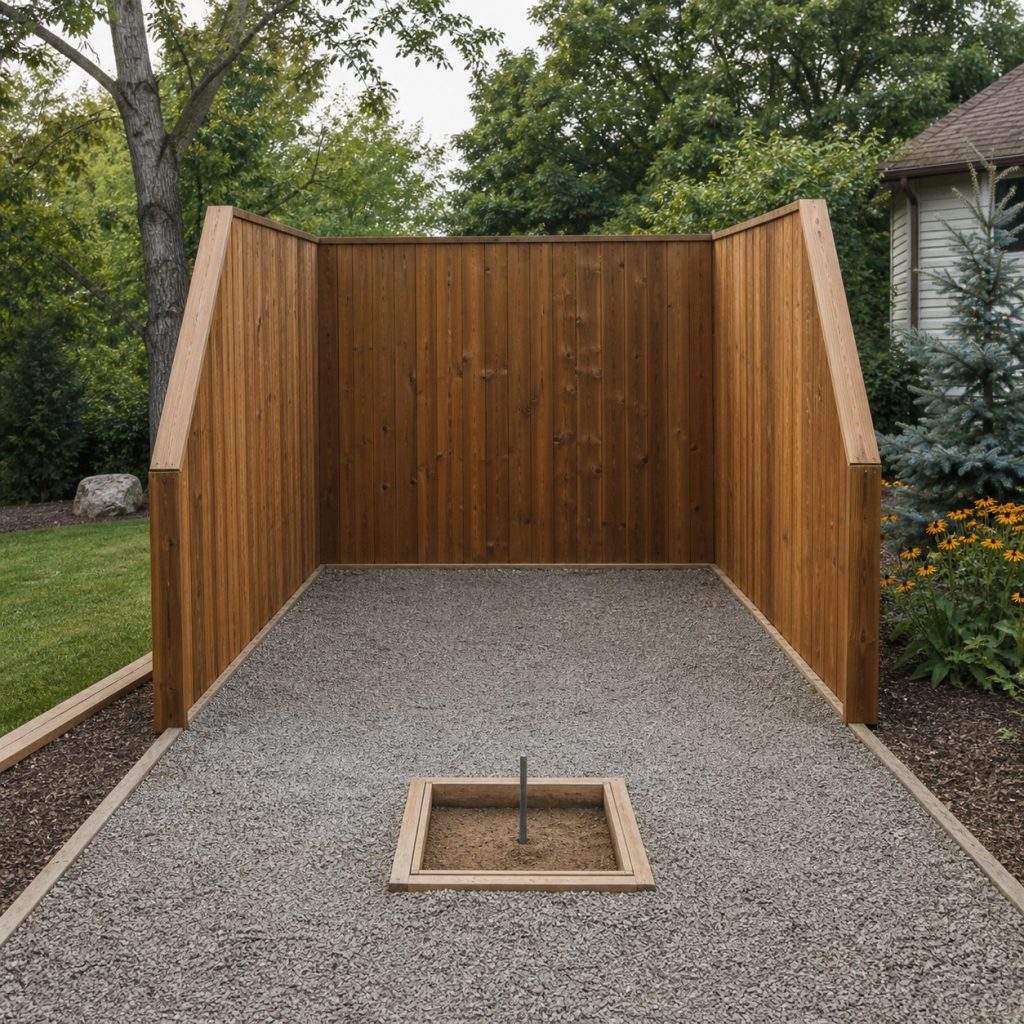 Tall solid horseshoe backstop behind pit with empty safety zone