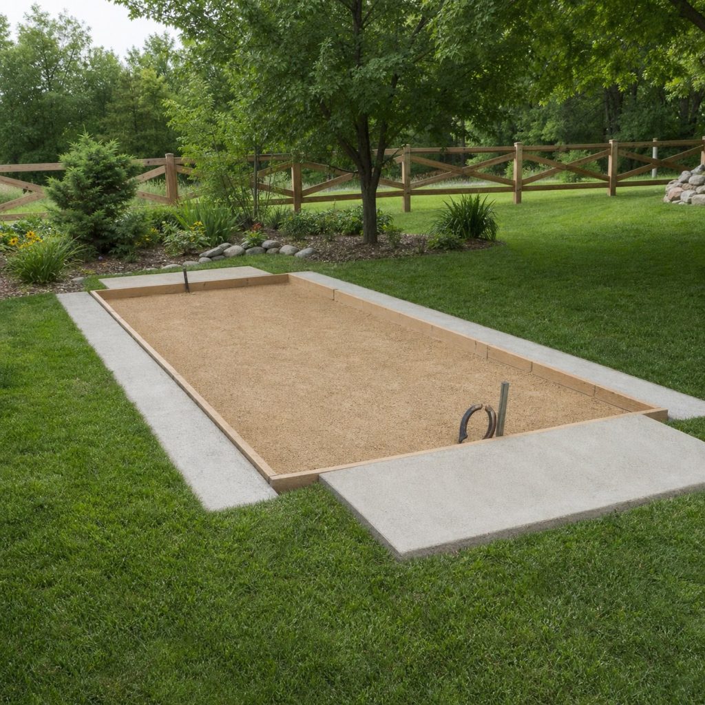 Horseshoe court with firm extended pitching platforms beside both pits