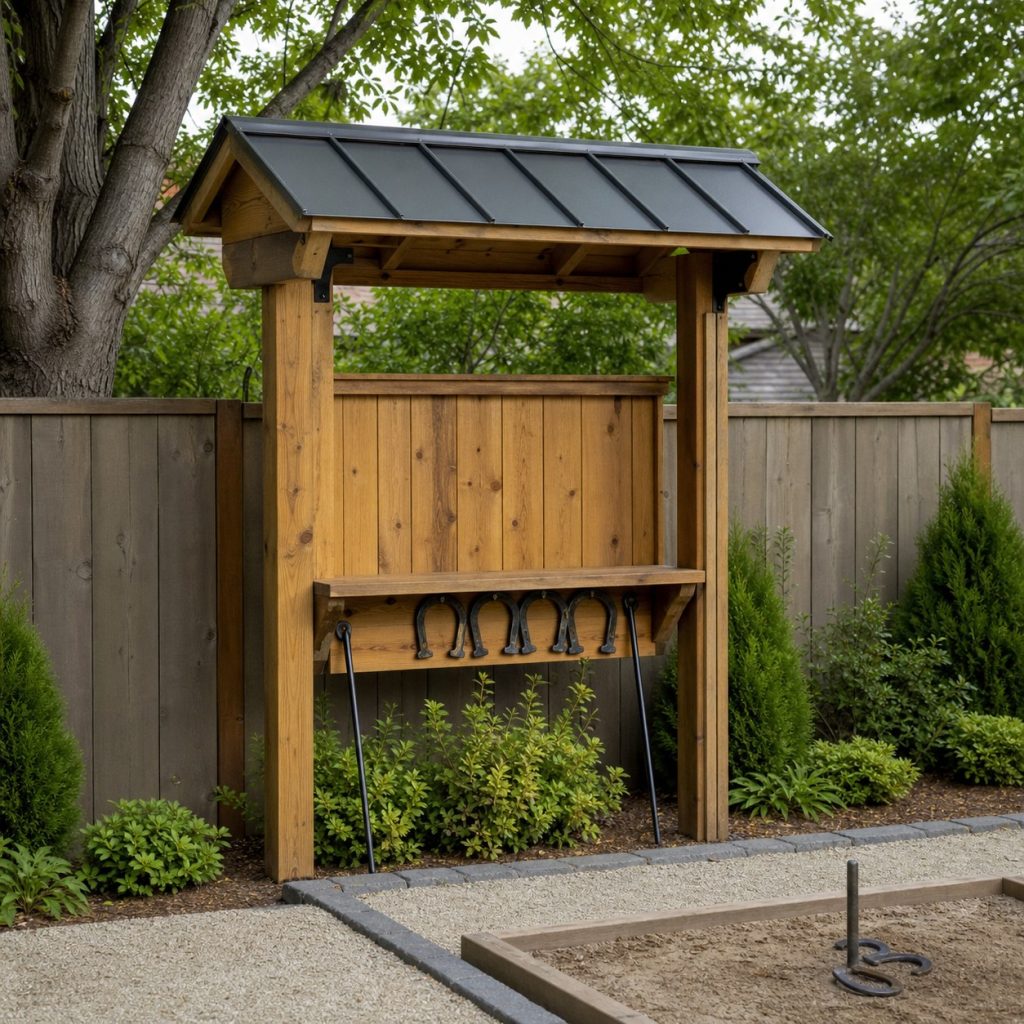 Small roofed horseshoe score station outside the throwing lane