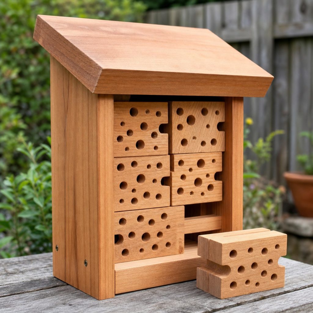 Small insect hotel with removable hardwood nesting blocks under deep roof