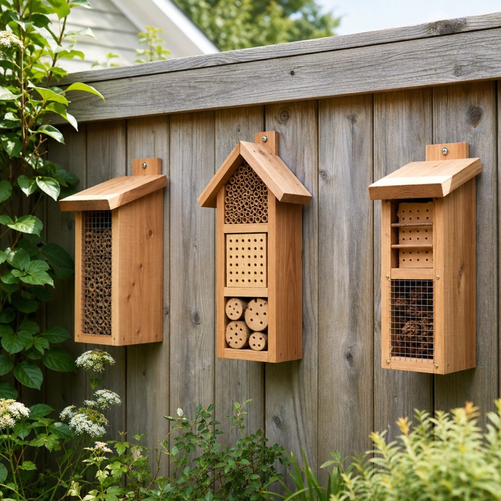 Three small pollinator nesting modules mounted separately on a garden fence