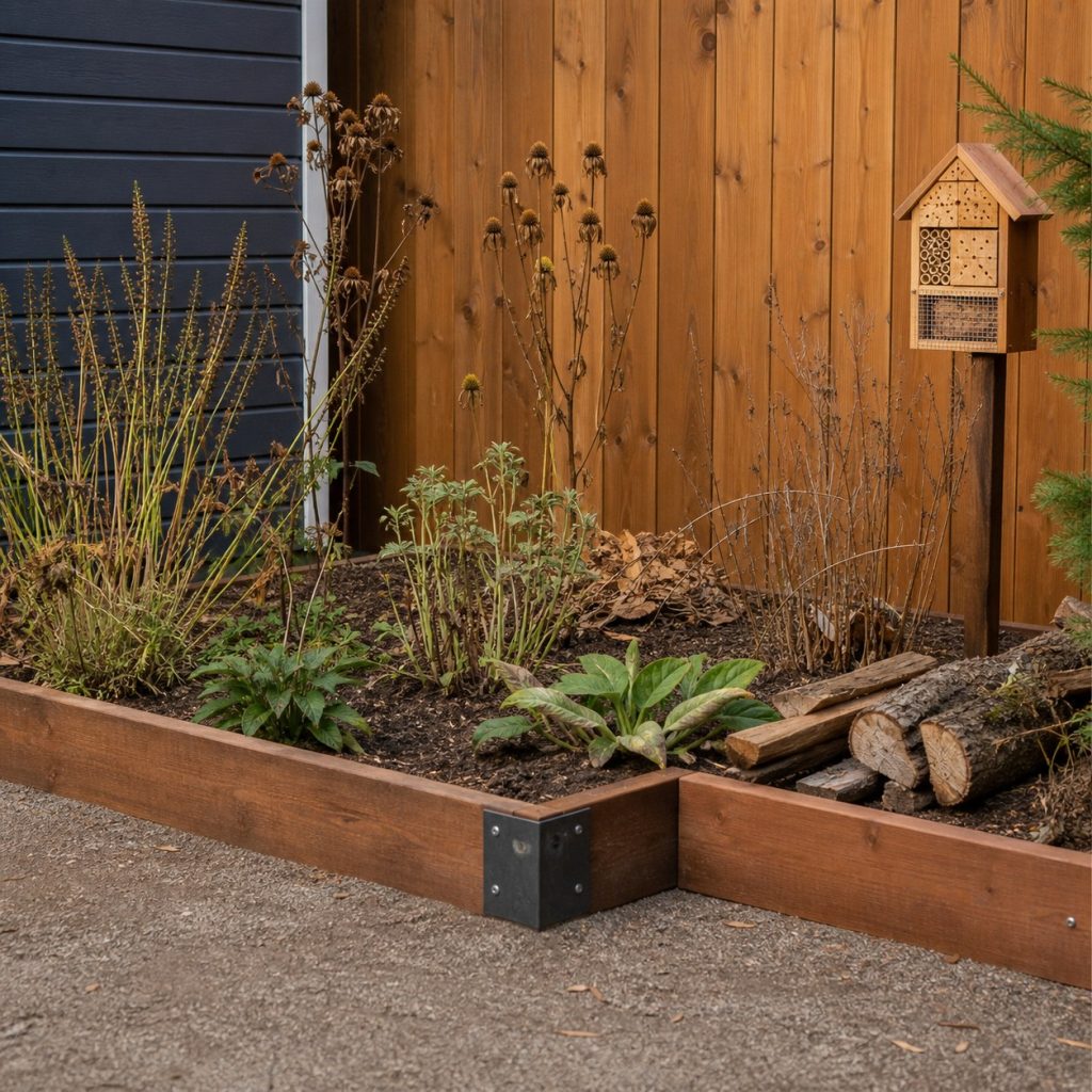 Pollinator garden corner with standing stems leaves bare soil and small deadwood pile
