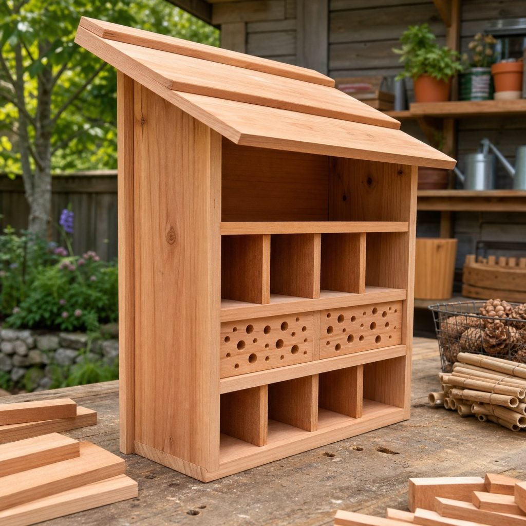 Insect hotel shell under assembly with deep sloped roof closed back and open front