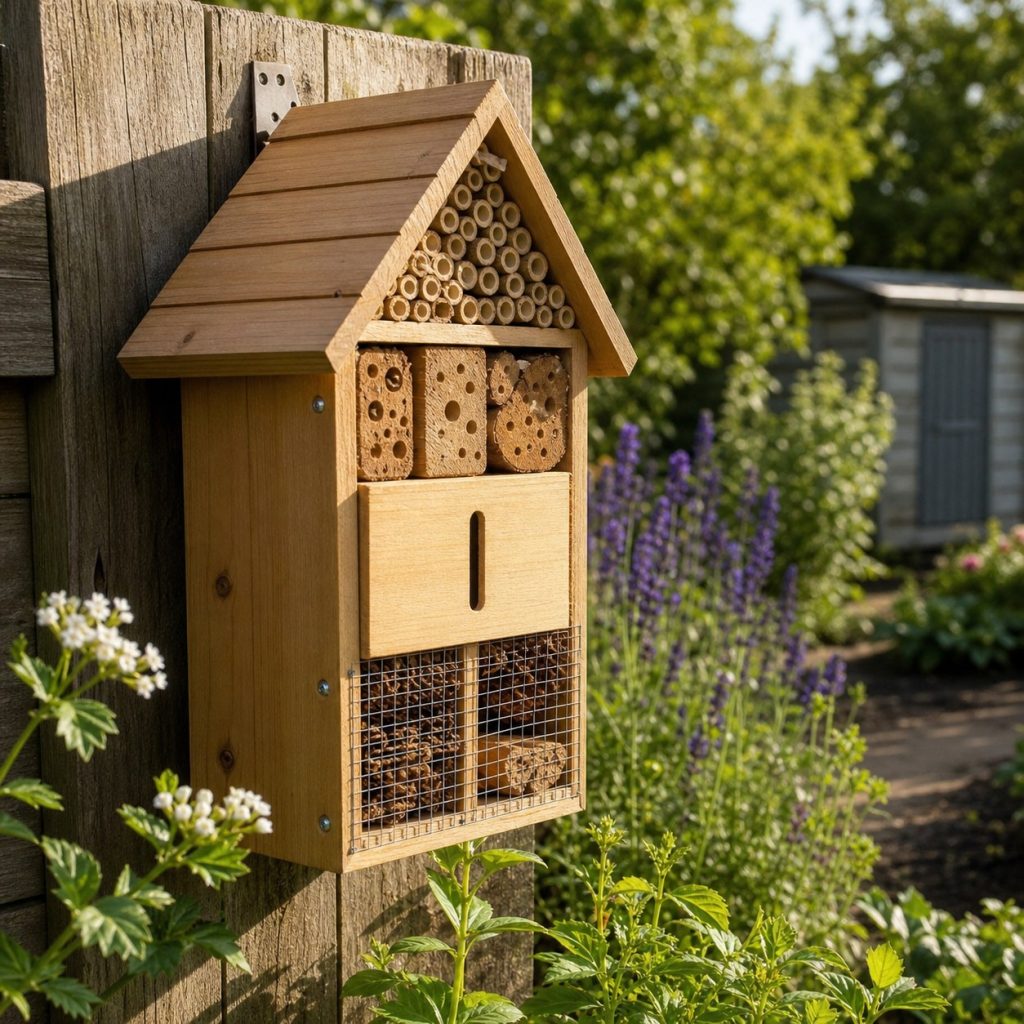Small insect hotel fixed firmly at garden edge facing morning sunlight