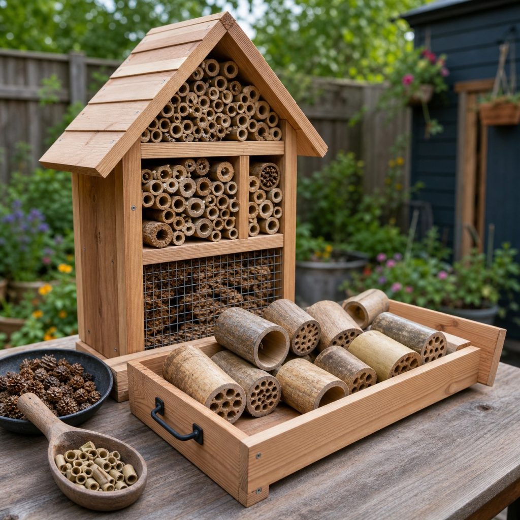 Insect hotel maintenance tray with dated removable tubes and clean replacement material