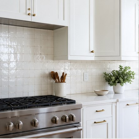 White zellige tile backsplash with white cabinets and brass hardware