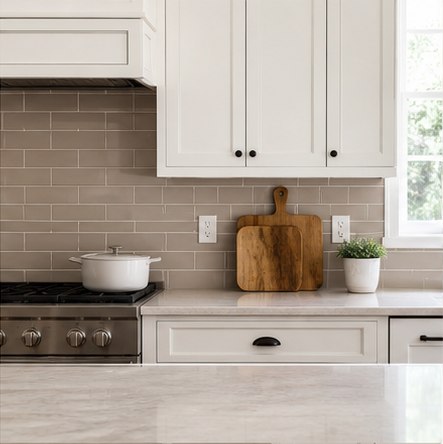 Warm greige subway tile backsplash between white kitchen cabinets