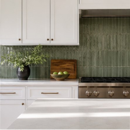 Vertical olive green tile backsplash with white cabinets