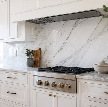 Marble-look slab backsplash and counter with white cabinets