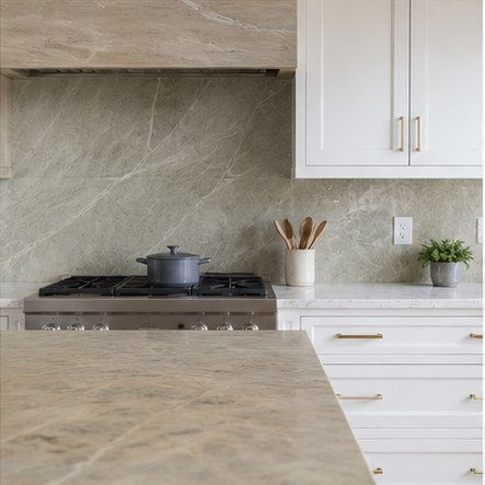 Soft quartzite slab backsplash with white cabinets and pale counter