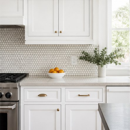 Small white and gray mosaic backsplash with white cabinets