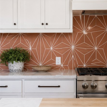 Terracotta geometric backsplash with white cabinets and wood counter