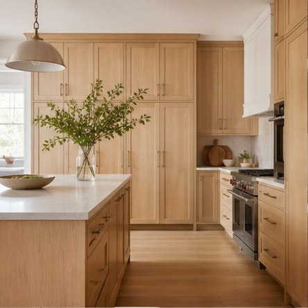 Natural white oak kitchen cabinets with warm grain and brass hardware