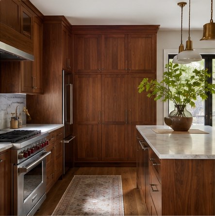 Medium walnut kitchen cabinets with rich brown color and pale counters