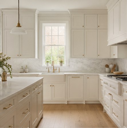Warm off-white kitchen cabinets with light oak floor and soft stone