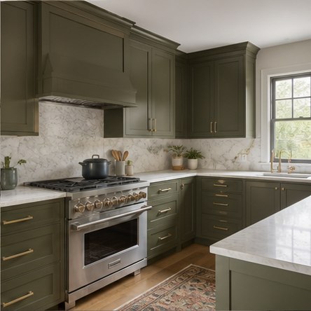 Deep olive green kitchen cabinets with marble-look backsplash