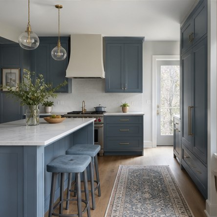 Muted blue kitchen cabinets with white counter and matching stools
