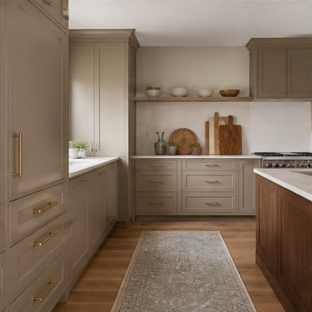 Mushroom taupe kitchen cabinets with warm neutral walls