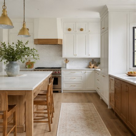 Two-tone kitchen with white cabinets and natural wood island