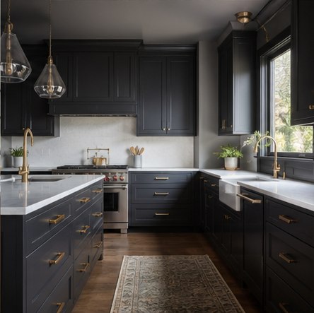 Deep charcoal kitchen cabinets with daylight and pale counters