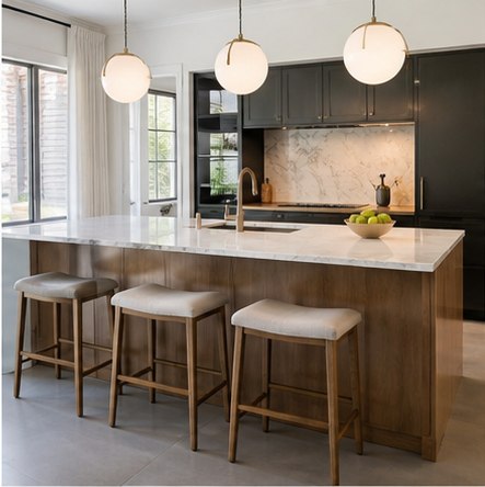Long wood kitchen island with four upholstered counter stools