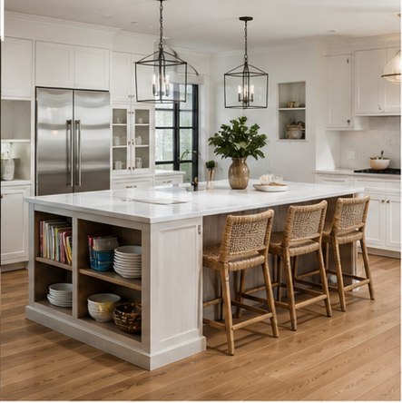 White kitchen island with woven stools and open end shelves