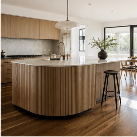 Rounded fluted wood kitchen island with stone counter and seating