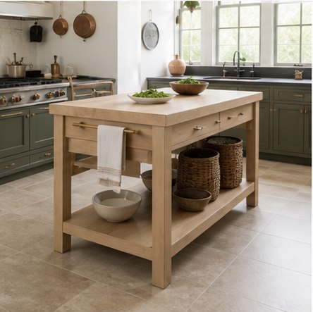Light wood prep island with drawers open shelf and baskets