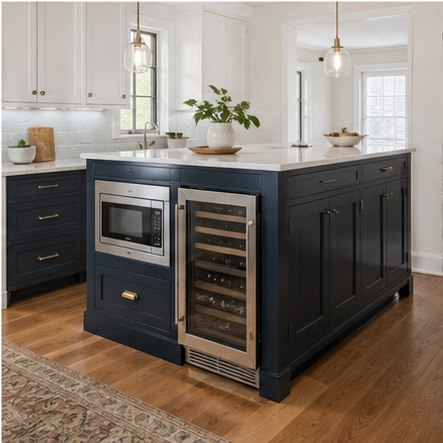 Navy kitchen island with microwave beverage cooler and drawers