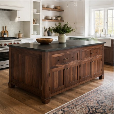 Walnut kitchen island with deep drawers and dark stone counter