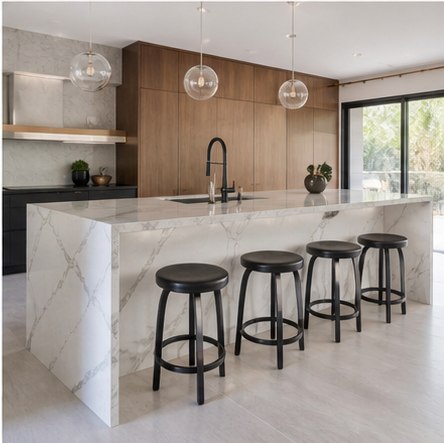Modern waterfall stone island with four black counter stools