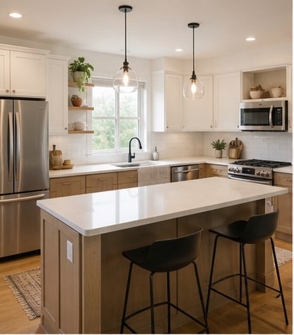 L-shaped kitchen layout with a central wood island and two stools